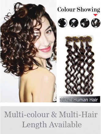 Brown Curly Remy Human Hair Nail/U Tip Extensions Wholesale
